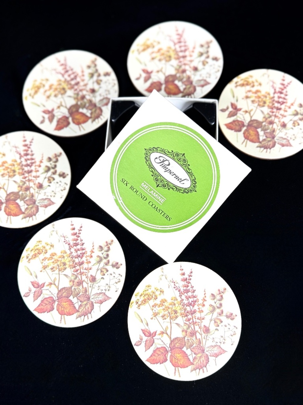 1980s Pimpernel Six Coasters 4 inch Round Melamine Autumn Leaves Felt Backs
